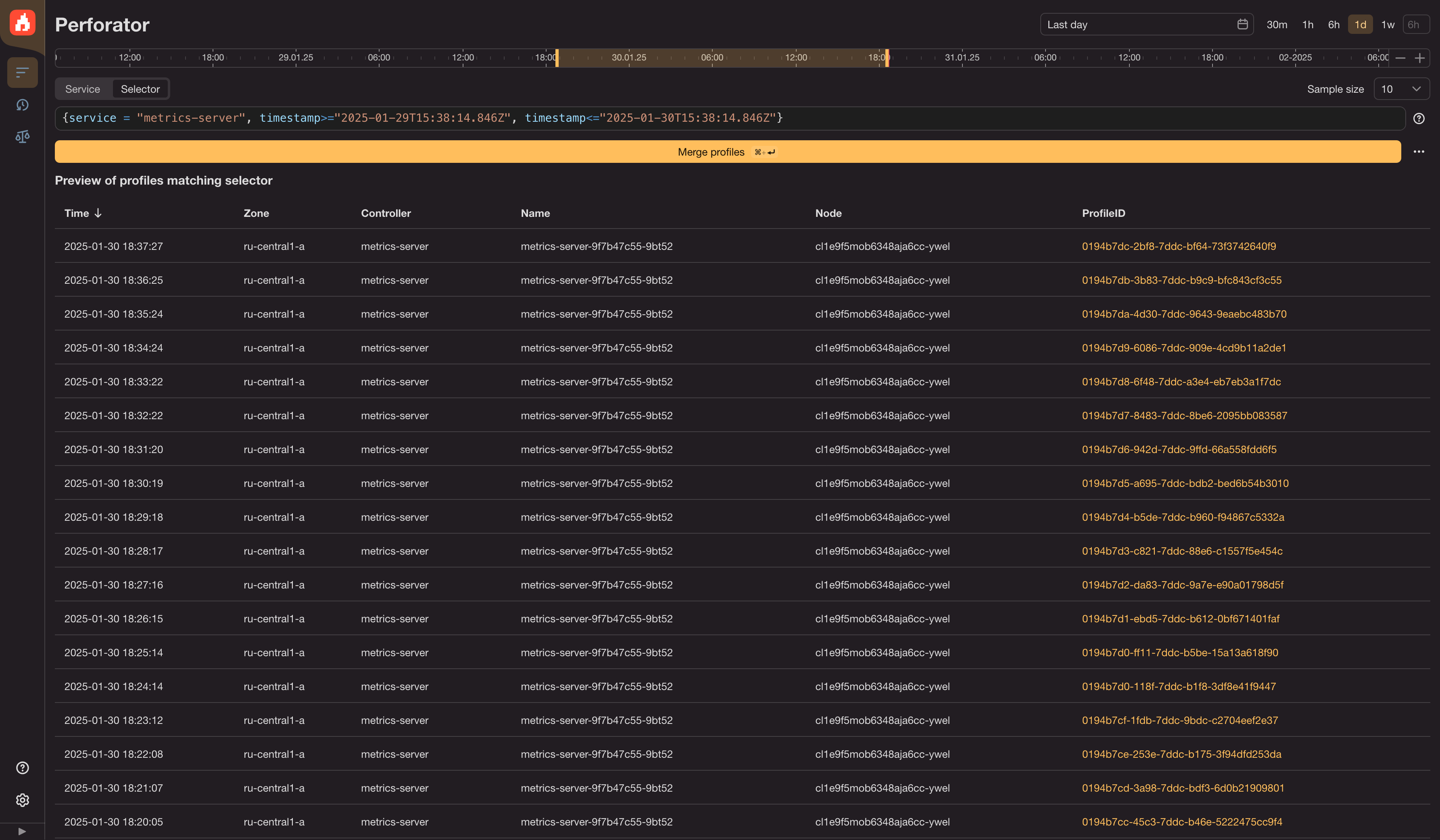 Initial page of the perforator UI with filled profiles