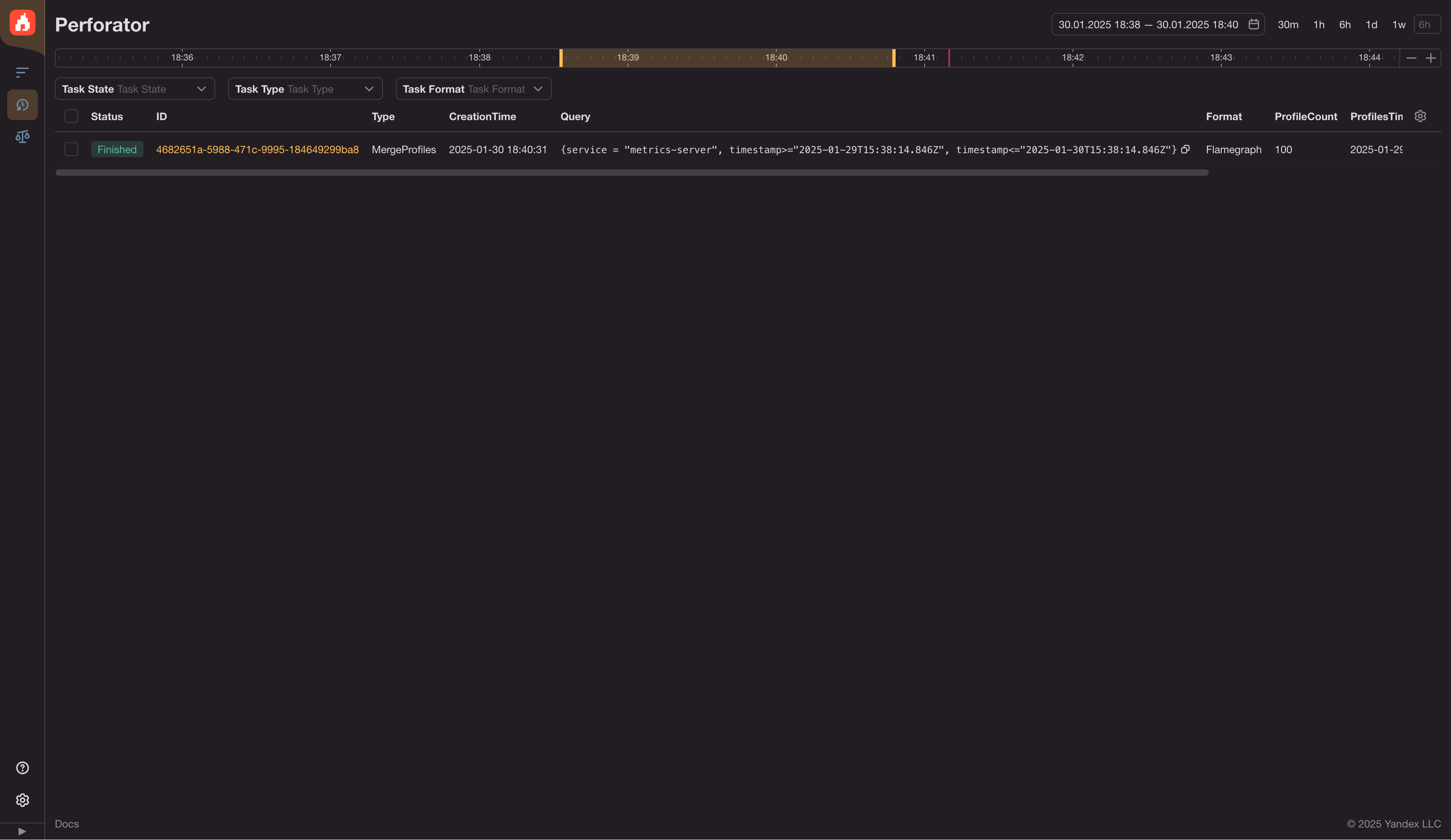 Perforator UI History page